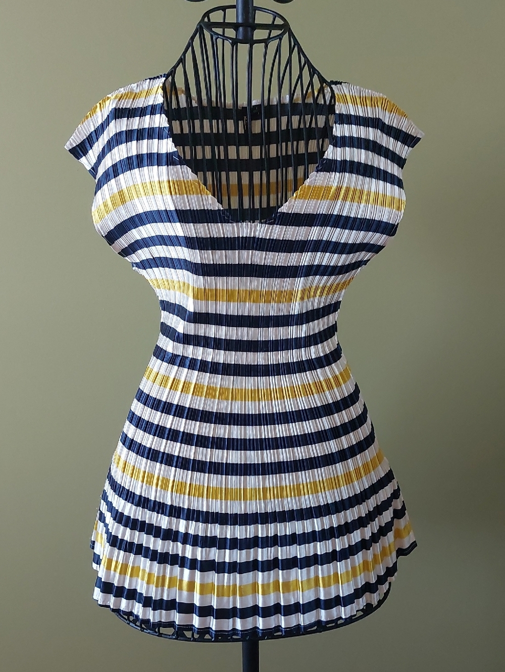 MILANO Navy, White & Yellow Striped Pleated Top, Size L